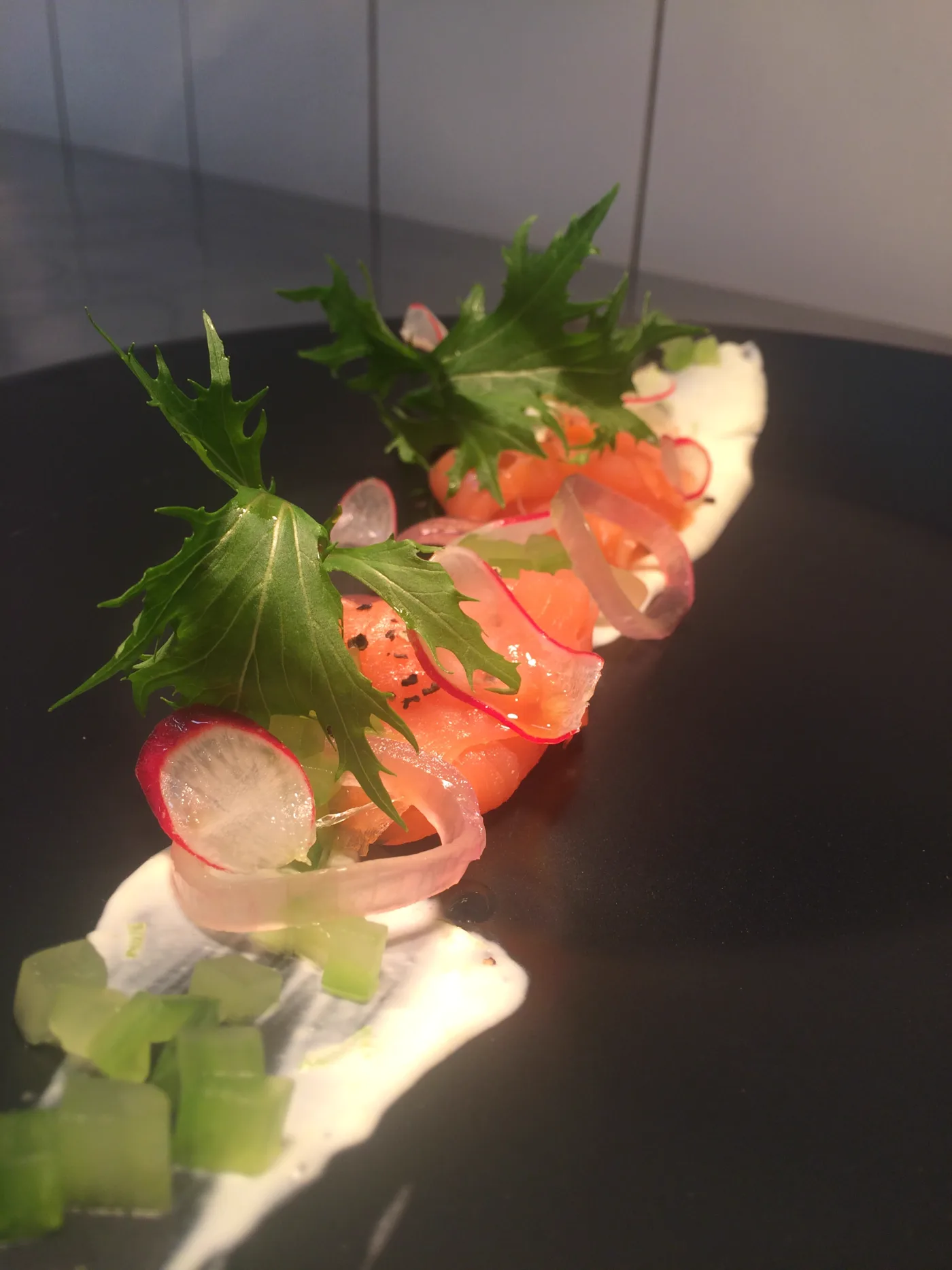 A cured salmon course with radish, cucumber and herbs on a dark plate